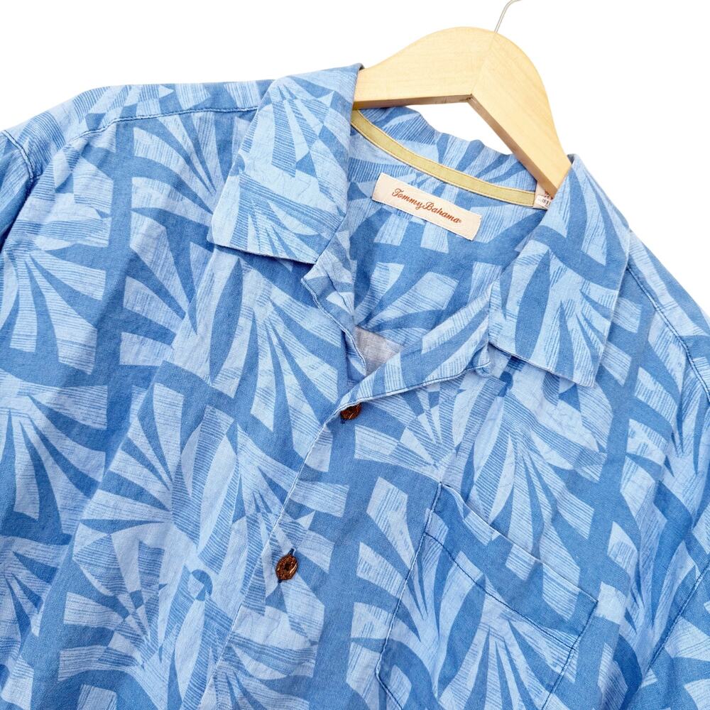 Tommy Bahama Blue Printed 100% Linen Short Sleeve Button Down Sz XL